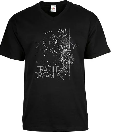 Black T-shirt with the white Fragile Dream logo and a shattered-glass print